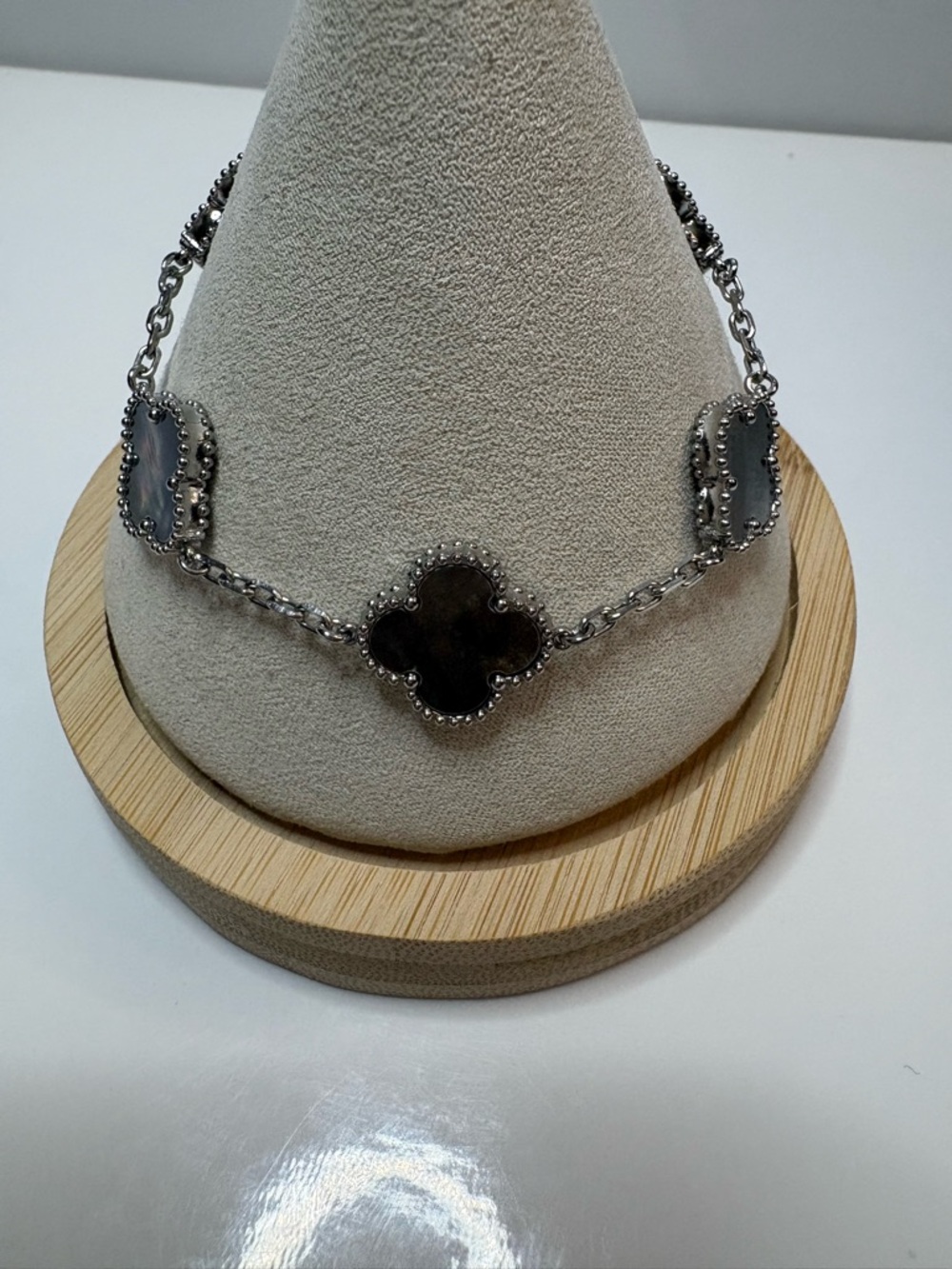 18k Gold Plated in Silver Tone  Clover Motif w/ Mother of Pearl in Dark Gray.
